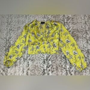 Milk & Honey blouse satin women Large  Crop Top  Puff Sleeve green